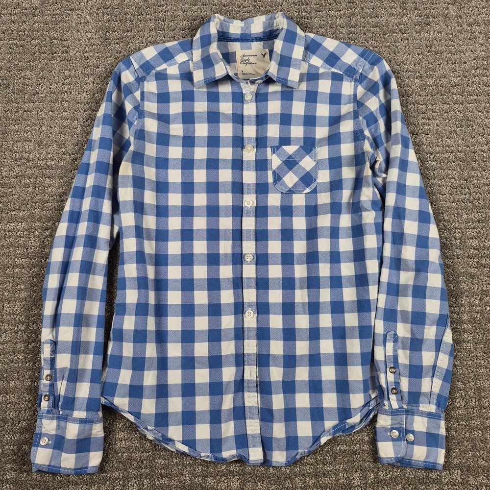 American Eagle Shirt Womens 6 (S) Blue Gingham Button up Y2k Preppy Coastal